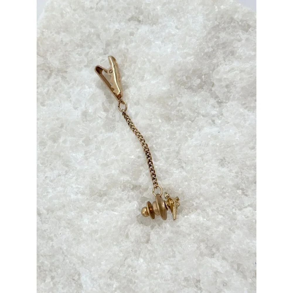 Vintage Bird Themed Men's Gold Tone Tie Tack / Pin / clip with Chain - Picture 5 of 8